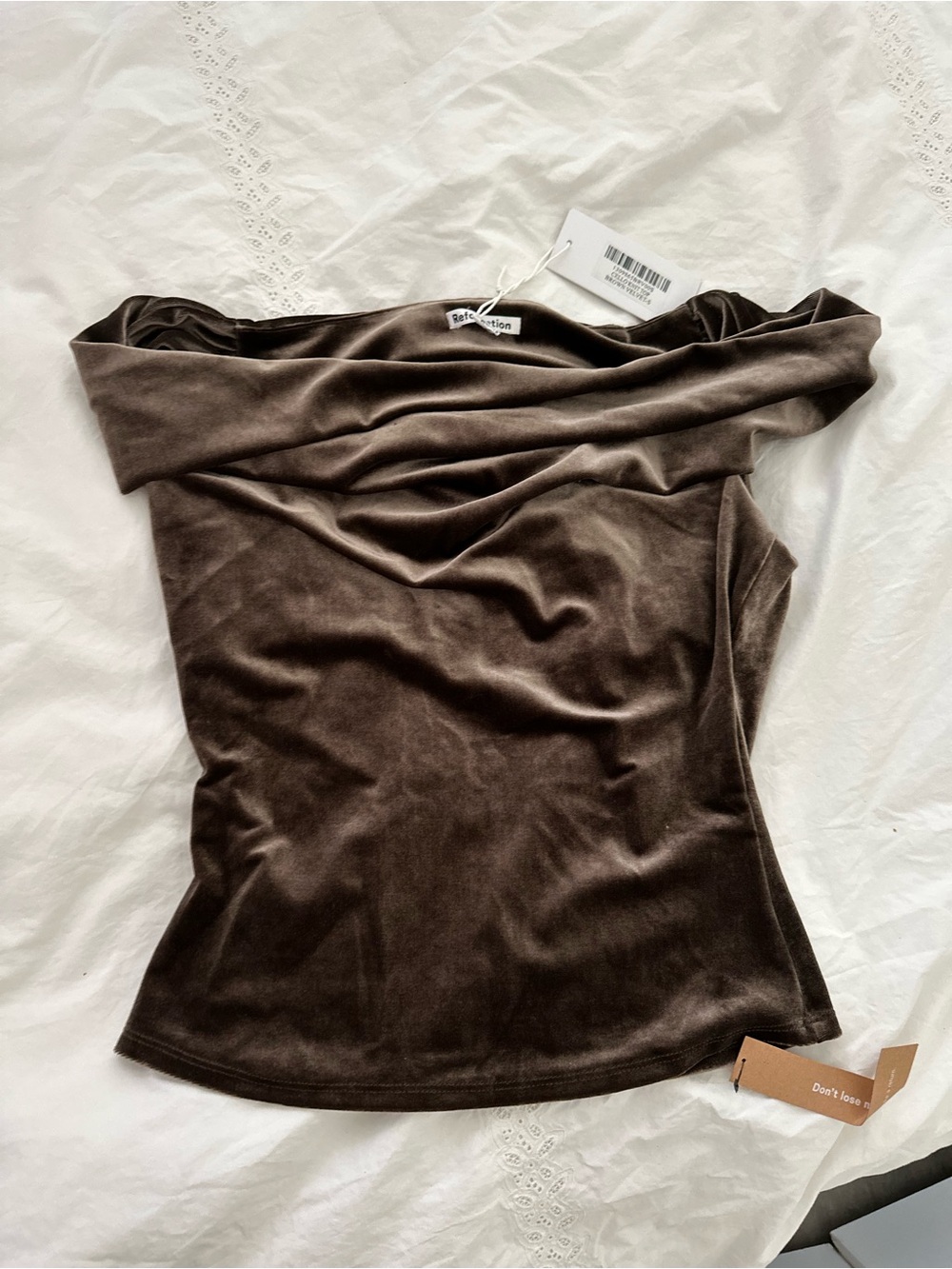 Reformation Off-the-Shoulder Velvet Top in Dark Brown